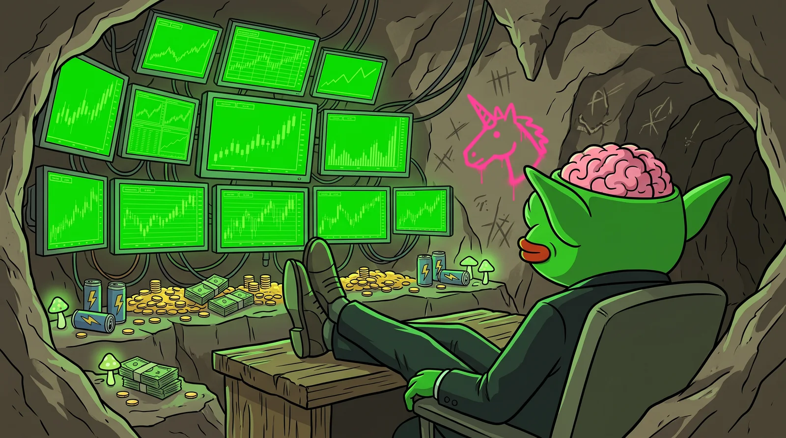 Mind Goblin in his cave trading den, nine monitors, gold hoard