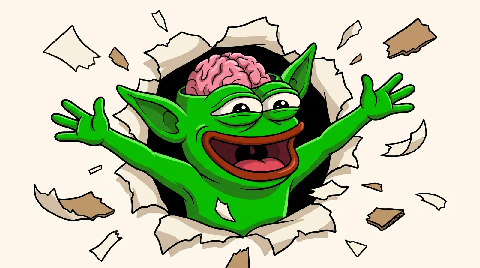 Mind Goblin bursting through paper, laughing