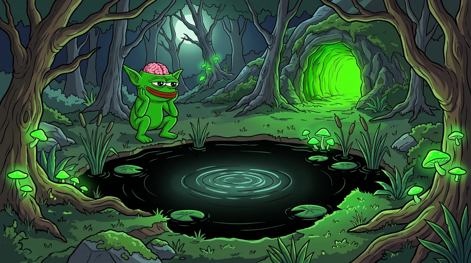 Mind Goblin crouched at the edge of a still black pond at night, ripples spreading where something went under, the cave glowing green through the trees